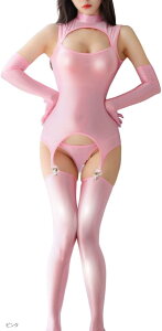 レオタード セクシー 透け ハイネック 光沢 シースルー セット コスプレ ニーハイ ボディースーツ ボディタイツ 谷間 長袖 伸縮性 大きいサイズ (ピンク, Free Size)