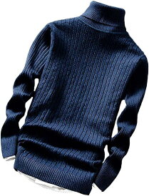 アスペルシオ ハイネック スリム ケーブル ニット セーター メンズ ボリュームネック タートルネック モックネック ハイネックセーター 防寒 紺色( ネイビー, XL)