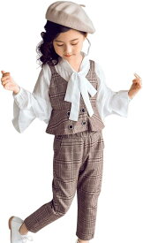 女の子 フォーマル スーツ 3点セット ガールズ ブラウス 長袖 パンツ ベスト 子供服 セットアップ 130cm( ブラウン, 130)