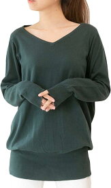 Vネック 綿 100％ コットン ニット トップス 長袖 ゆったり チュニック セーター( ダークグリーン, LL-3L)