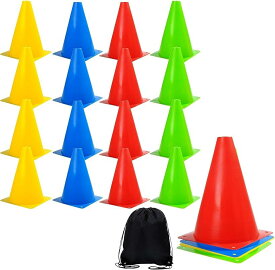 カラーコーン マーカーコーン ミニコーン 三角 パイロン 18cm 16個 4色x4個 収納袋付 サッカー テニス (18cm16個(4色x4個))