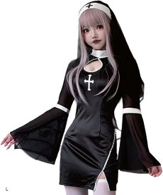 【楽天ランキング1位入賞】シスター コスプレ 修道女 衣装 ハロウィン ワンピース ベール 聖母 聖女 マリア e801 L (ブラック, L)