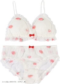大きいサイズ ゆめかわ フリフリ ノンワイヤー ブラ ショーツ セット(シースルーホワイト・イチゴ, M)