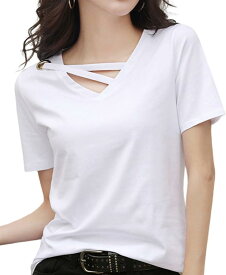 半袖 vネック デザイン tシャツ レディース アシンメトリー アシメカットソー シンプル( ホワイト, 2XL)