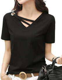 半袖 vネック デザイン tシャツ レディース アシンメトリー アシメカットソー シンプル( ブラック, XL)