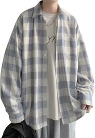 チェックシャツ メンズ 長袖 ポケット付き オシャレ オーバーサイズシャツ( ブルー, XL)
