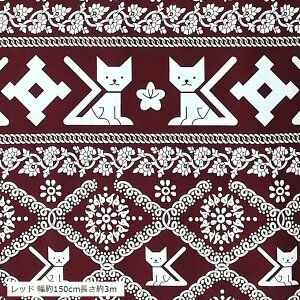 猫柄 タイパンツ生地 ハンドメイド 手芸用 アジアン エスニック 布(レッド 幅約150cm長さ約3m)