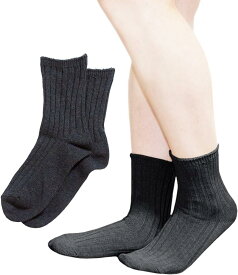 レディースソックス 靴下 クルー丈 リブ 日本製 2足セット( チャコールグレー, 23.0-25.0 cm)