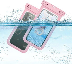 2枚セット スマホ 防水ケース IPX8 海 プール 風呂 顔認証 水中 撮影 タッチ可能( ピンク)