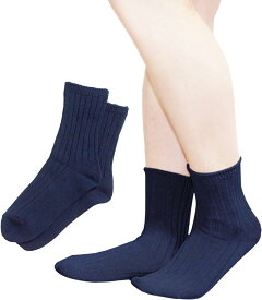 レディースソックス 靴下 クルー丈 リブ 日本製 2足セット( ネイビー, 23.0-25.0 cm)