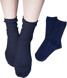 レディースソックス 靴下 クルー丈 日本製 2足セット リブソックス( ネイビー)