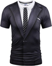 tシャツ スーツ サラリーマン風 コスプレ ネクタイ 面白いtシャツ メンズ 半袖 スリム 3dプリント( S)
