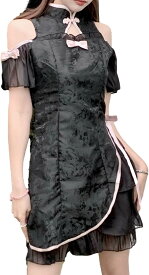 チャイナ服 チャイナドレス ハロウィン コスプレ コスチューム 衣装 半袖 ワンピース( ブラック, L)