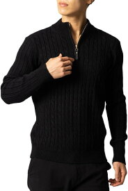 セーター メンズ ハーフジップ ハイネック ケーブルニット カジュアル 無地 長袖( ブラック, XL)