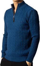 セーター メンズ ハーフジップ ハイネック ケーブルニット カジュアル 無地 長袖( ブルー, XL)