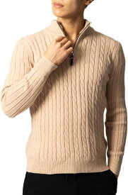 セーター メンズ ハーフジップ ハイネック ケーブルニット カジュアル 無地 長袖( ベージュ, XL)