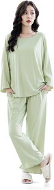 母の日 ルームウェア パジャマ 部屋着 レディース 上下セット セットアップ 長袖 可愛い 213 グリーン( 213_グリーン(2点セット), XL)