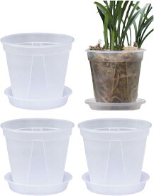 スリット鉢 透明 プラスチック 底皿付き 4個セット 観葉植物( 透明, 6号)