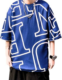 Tシャツ ロンT 英字ロゴ 総柄プリント メンズ ストリート 半袖 インパクト グラフィック スタイリッシュ( ブルー, M)