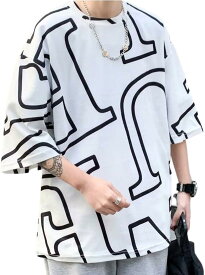 Tシャツ ロンT 英字ロゴ 総柄プリント メンズ ストリート 半袖 インパクト グラフィック スタイリッシュ( ホワイト, XL)