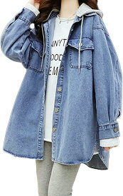デニムジャケット レディース 大きいサイズ ゆったり オーバーサイズ フード付き パーカー ジュアル 春 秋 冬 XL( デニムブルー, XL Regular)