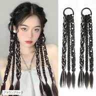 ヘアエクステ ウィッグ 三つ編み エクステンション ツインテール キッズ 付け毛 ブラウンブラック (ブラ…