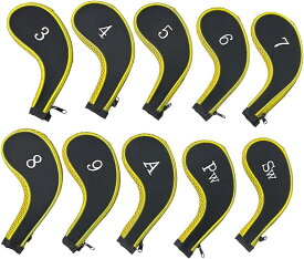 ゴルフ アイアン ヘッドカバー ユーティリティ ファスナー付き ネオプレン 10個セット( 黄色)
