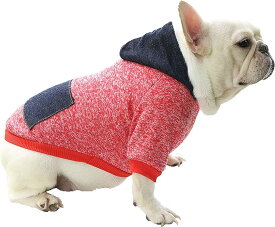 ツートンカラー パーカー 犬服ブランド おしゃれ 帽子付 散歩用 犬の服 デニム 小型犬 中型犬 大型犬( レッド (赤色), LL)