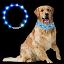 最新型 犬用光る首輪 散歩 ライト usb充電式 装着簡単 柔らかい 軽量 サイズ調整可能 ペット 猫 LED光る首輪 安全対策 視認性 3つの発光モード (ブルー)