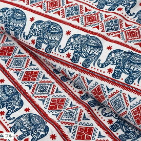 ゾウ柄 キャンバス生地 約115 x 200cm 綿 コットン ハンドメイド 手芸用 アジアン エスニック 布 ブルー (ブルー)