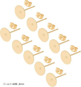 60個 ゴールド フラットラウンドトレイ ピアスベゼル 304ステンレス スタッドピアス ピアスキャッチ付き イヤーナット付き イヤリングパーツ アクセサリーパーツ 手芸 DIY用品 (ゴールド-60個,