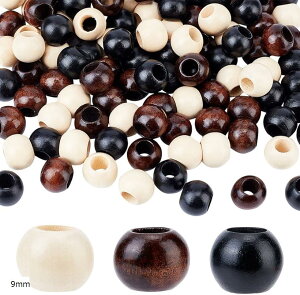 120個3色 天然木製ビーズ 大穴ウッドビーズ ラウンド木ビーズ 樽形 ルースウッドビーズ 木製ボールスペーサービーズ アクセサリーパーツ クラフトビーズ ジュエリー (9mm)
