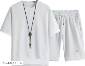 エンプティオ 半袖 上下セット ジャージ セットアップ メンズ パンツ スウェット ストリート トラックスーツ スポーツウェア(ダブルホワイト, L)