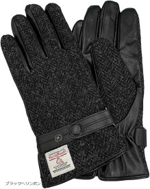 ハリスツイード HARRIS Tweed x羊革手袋 メンズ ベルト付 スマホ対応 裏ボア (ブラックへリンボン, 24cm)