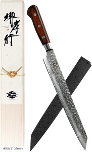 堺孝行 プロの料理人が愛用する包丁ブランド ダマスカス 柳刃 270mm 柳葉包丁 刺身包丁 剣型 両刃 V金10号 vg10 33層槌目 マホガニー柄 サヤ付き 青木刃物製作所 (ダークブラウン, 柳刃包丁 270mm)