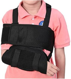 アームホルダー 固定バンド付き 子供 骨折 腕つり サポーター 三角巾 アームスリング 子供用 (ブラック)