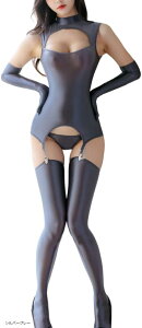 レオタード セクシー 透け ハイネック 光沢 シースルー セット コスプレ ニーハイ ボディースーツ ボディタイツ 谷間 長袖 伸縮性 大きいサイズ (シルバーグレー, Free Size)