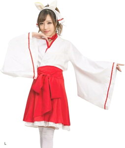 レディレイジー 巫女 コスプレ 女狐 和装 ミニ 袴 着物 浴衣 神社 衣装 狐耳 赤 白 M (レッド, L)