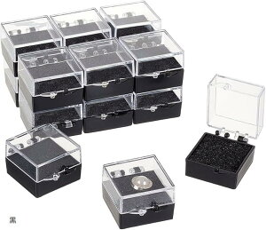 16個 ルースボックス 標本ケース 宝石箱 バッジケース ブローチケース ディスプレイケース プラスチック 正方形 透明ジュエリーボックス ジュエリー収納ケース 収納ボックス 防埃 防傷 (黒,