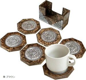 アジアン調 木製 コースター 6枚 セット 収納ケース付き 象 アジアンテイスト ウッド コップ敷き コップ受け グラスマット ブラウン (象 ブラウン, 10cm)