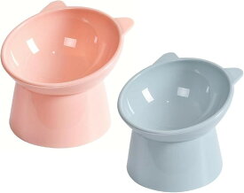 フードボウル 傾斜 軽量 猫 犬 ペットボウル えさ皿 水飲み プラスチック 食器 2個セット ピンク.ブルー (ピンク.ブルー)