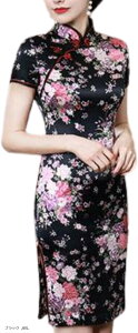 こもれび屋 チャイナドレス ミニ 花柄 伸縮 光沢 半袖 セクシー コスプレ(ブラック, 6XL)