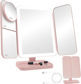 女優ミラー 3面鏡 2倍鏡 3倍鏡 10倍鏡 LEDライト 3光色切替 明るさ無段階調光 ちょっと大きめ バッテリー内蔵 折りたたみ式 卓上ミラー メイクミラー USB 明るい (ピンクレザートーン, 300mmx200mmx115mm)