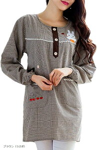 割烹着 おしゃれ かわいい かっぽう着 保育士 キャラクター 長袖 ギンガム チェック 柄 かっぽうぎ 女性 茶 色 ブラウン うさぎ(ブラウン(うさぎ), フリーサイズ)