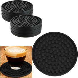 丸型コースター ホット/コールド 12枚セット 来客用 レストラン カフェ 溝付き シリコン製(ブラック, 11cm)