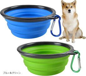 折り畳み式 ペットボウル 350ml 2個セット 折りたたみ 皿 食器 コンパクト 携帯 ドッグラン 犬 猫 シリコン (ブルー＆グリーン)