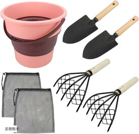 【楽天ランキング1位入賞】これ1つで準備完了 潮干狩りセット 2～4人用 折り畳みバケツ 熊手 スコップ 収納袋付き 貝掘り アサリ ハマグリ 家族連れ (ピンク, 忍者熊手)