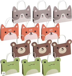 ラッピング袋 アニマルフェイス 手提げ袋 紙袋 4種セット カラフル(オレンジ グリーン ブラウン グレー(12))