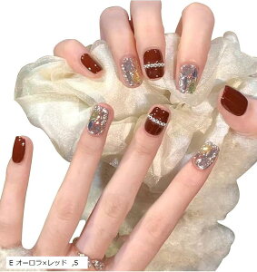 ネイルチップ プレスオンネイル 手作り マグネット つけ爪 フレンチネイル 10枚(E オーロラxレッド, S)