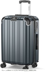 スーツケース 拡張機能&ストッパー付き 超軽量 キャリーバッグ キャリーケース 出張 旅行 ビジネス (グレー, L-28inch サイズ)